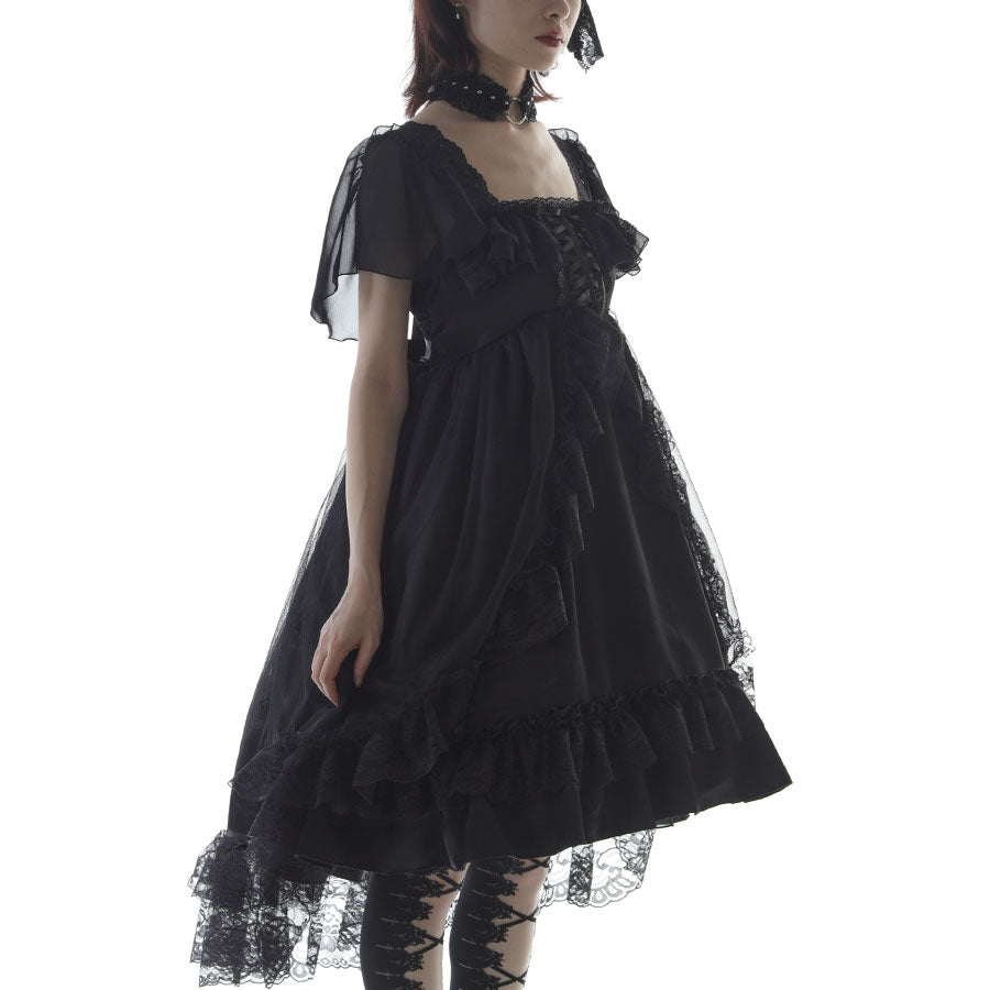 SHELL FRILL LACE UP DRESS (BLACK)