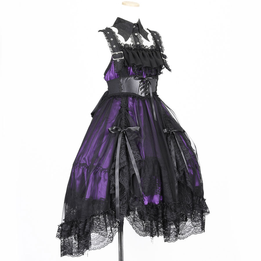 BAT WING COLLAR VEIL DRESS (BLACK x PURPLE)