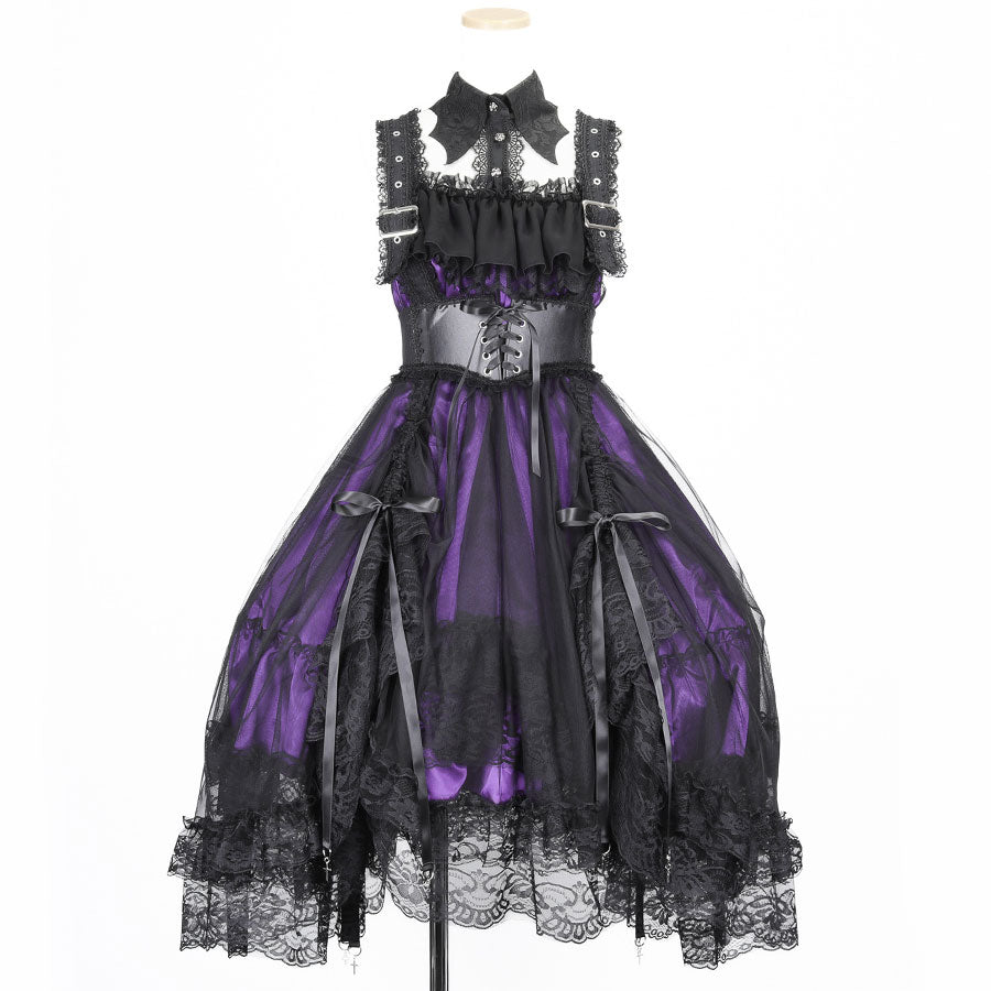 BAT WING COLLAR VEIL DRESS (BLACK x PURPLE)