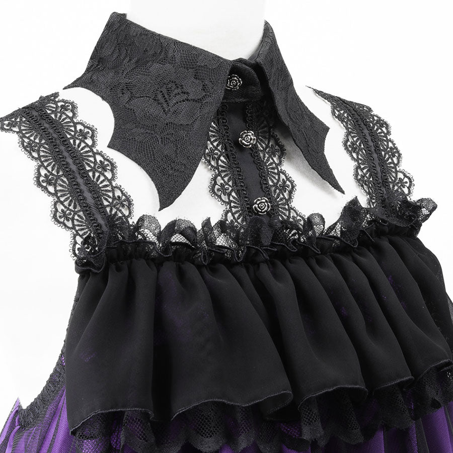 BAT WING COLLAR VEIL DRESS (BLACK x PURPLE)