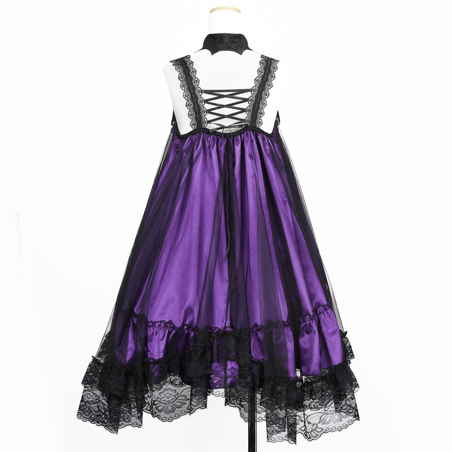 BAT WING COLLAR VEIL DRESS (BLACK x PURPLE)