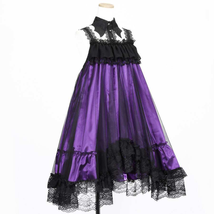 BAT WING COLLAR VEIL DRESS (BLACK x PURPLE)