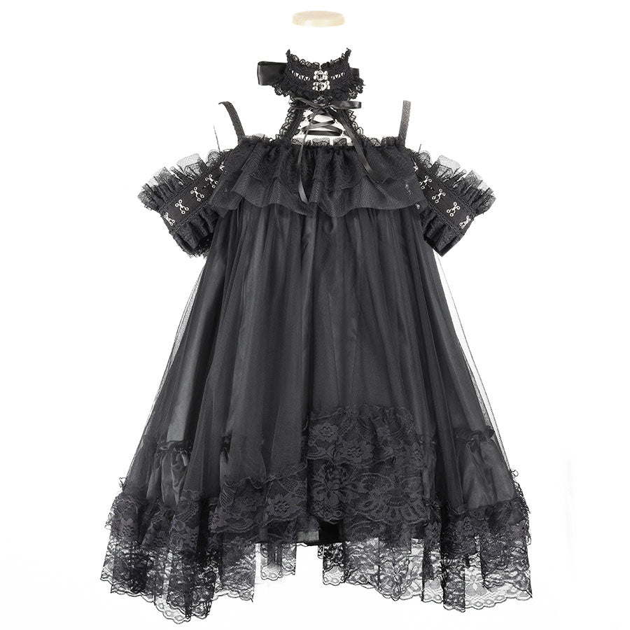 露肩钩扣连衣裙（黑色）