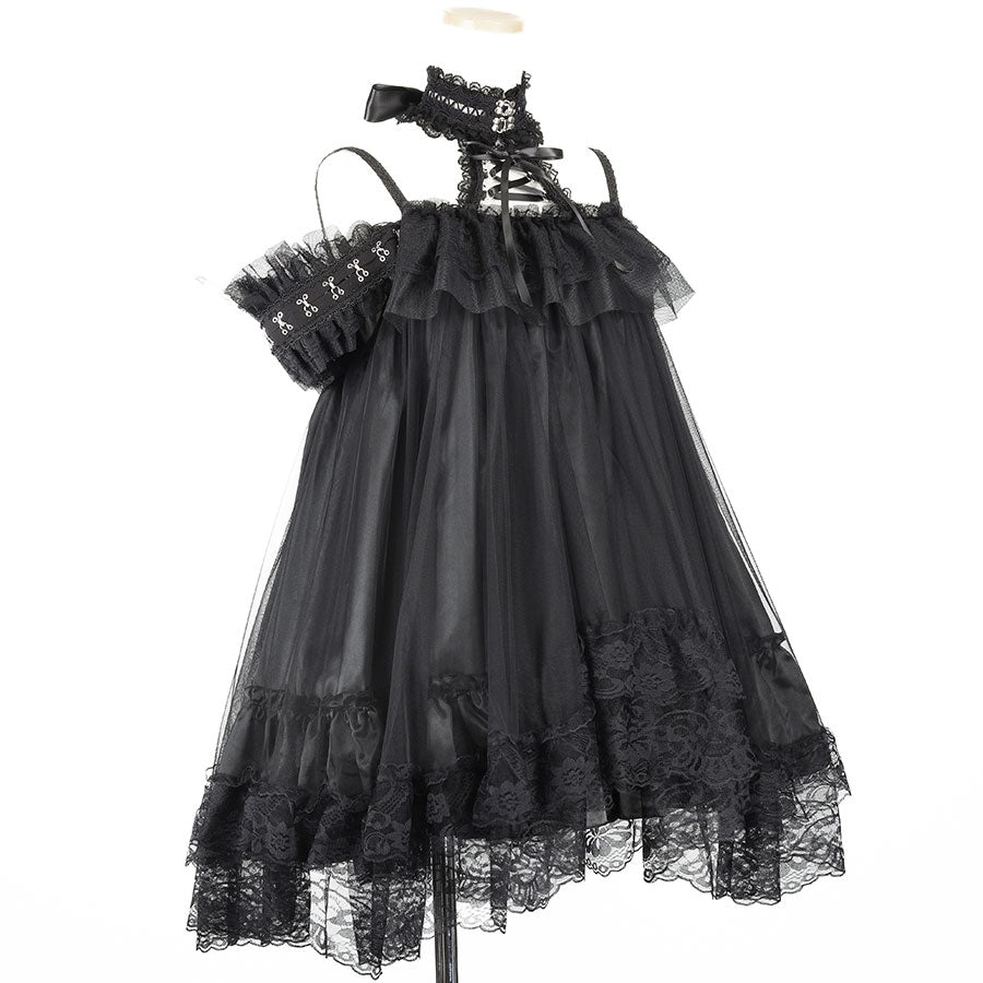 露肩钩扣连衣裙（黑色）