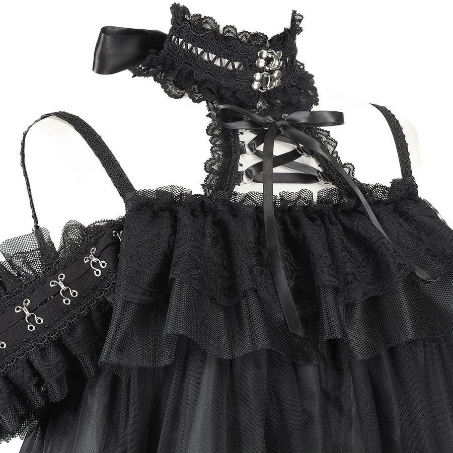 露肩钩扣连衣裙（黑色）