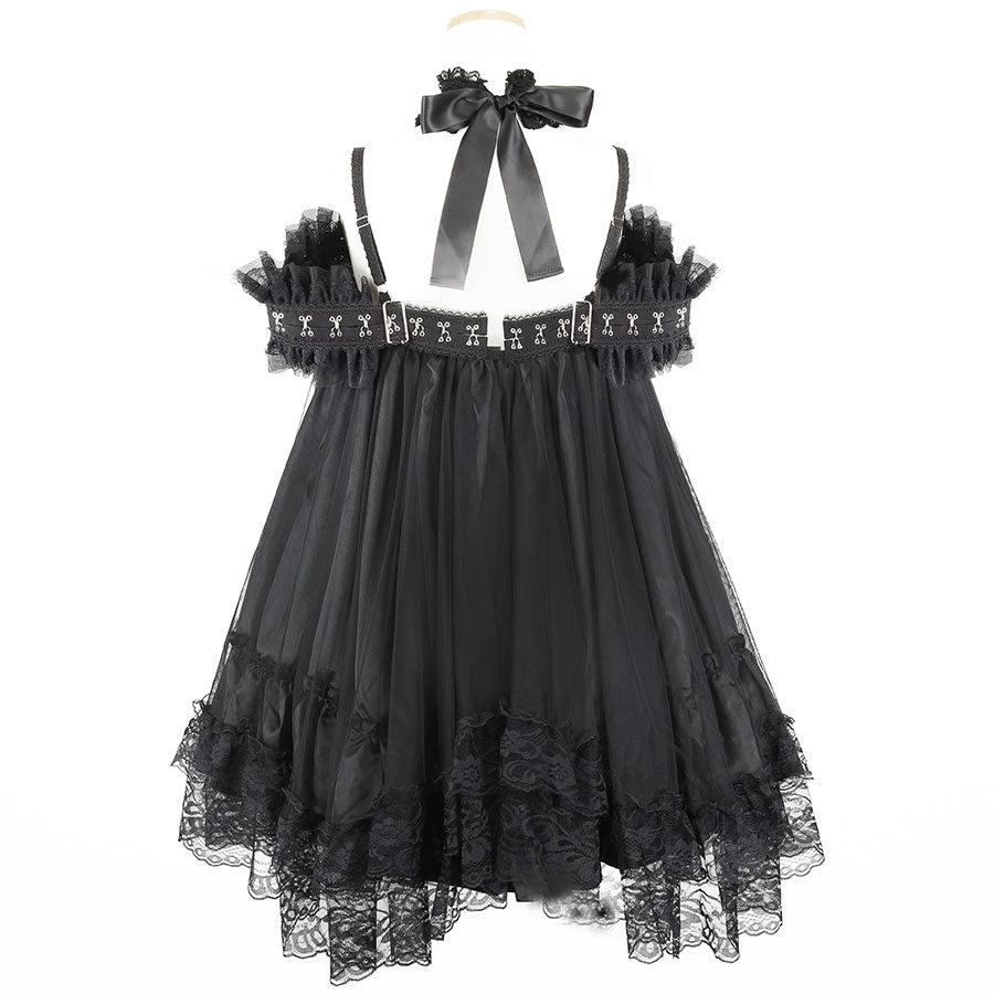 露肩钩扣连衣裙（黑色）