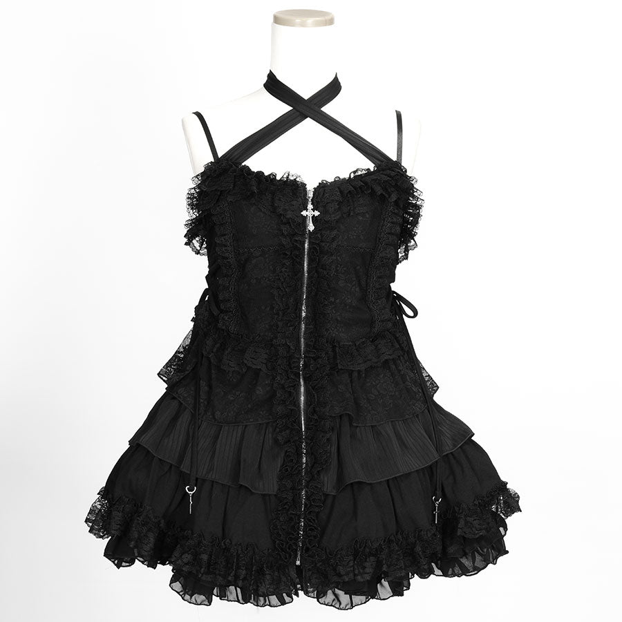 迷你交叉拉链挂脖连衣裙（黑色）