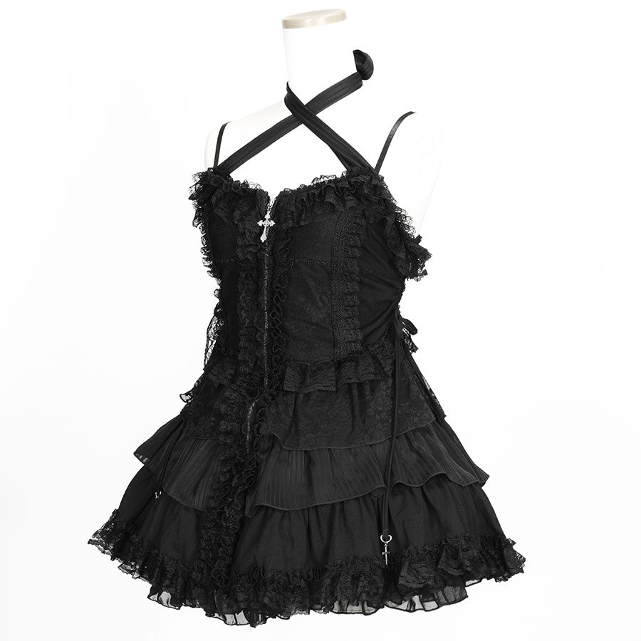 迷你交叉拉链挂脖连衣裙（黑色）