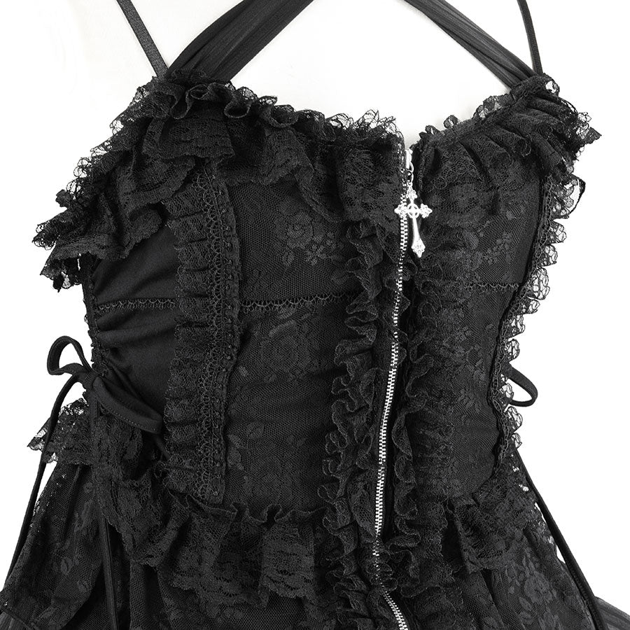 迷你交叉拉链挂脖连衣裙（黑色）