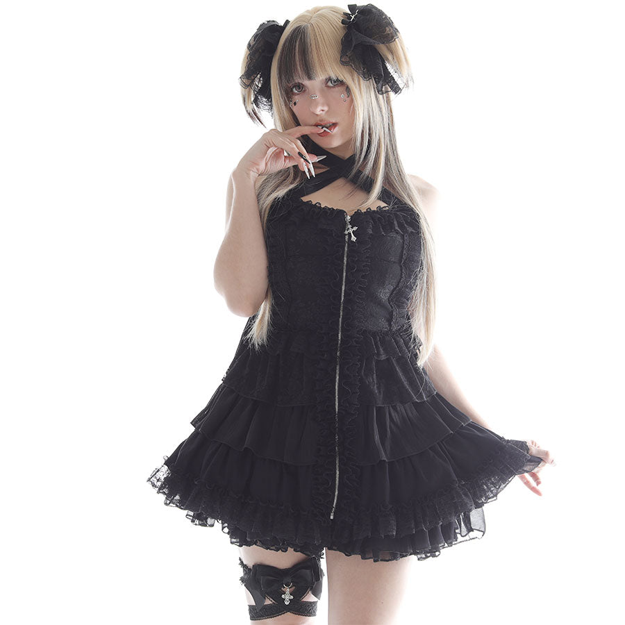 MINI交叉拉链挂脖连衣裙（白色）