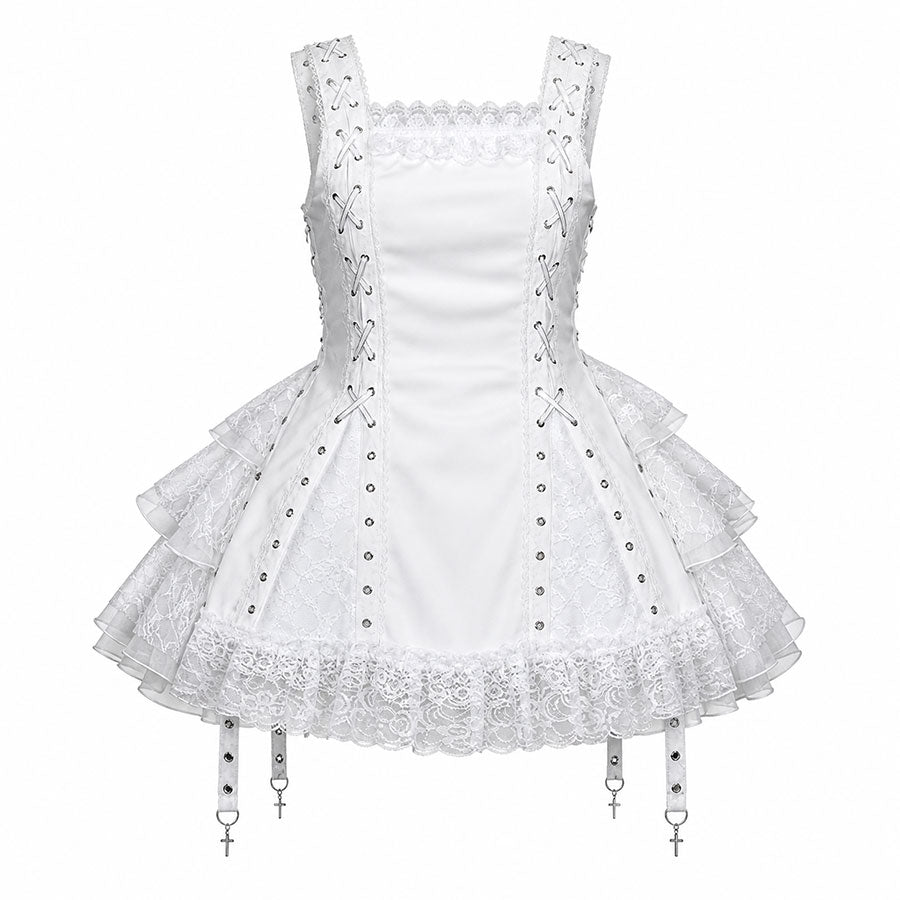 EYELET LACE-UP ONE-PIECE DRESS (WHITE)