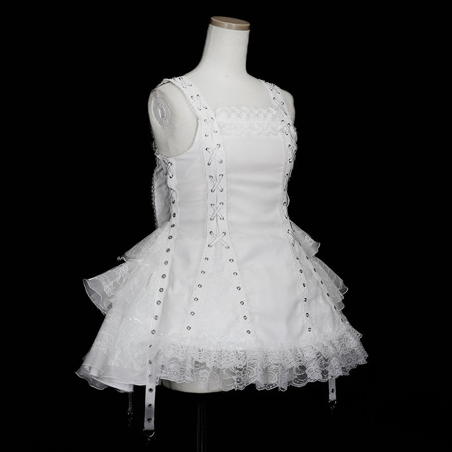 EYELET LACE-UP ONE-PIECE DRESS (WHITE)