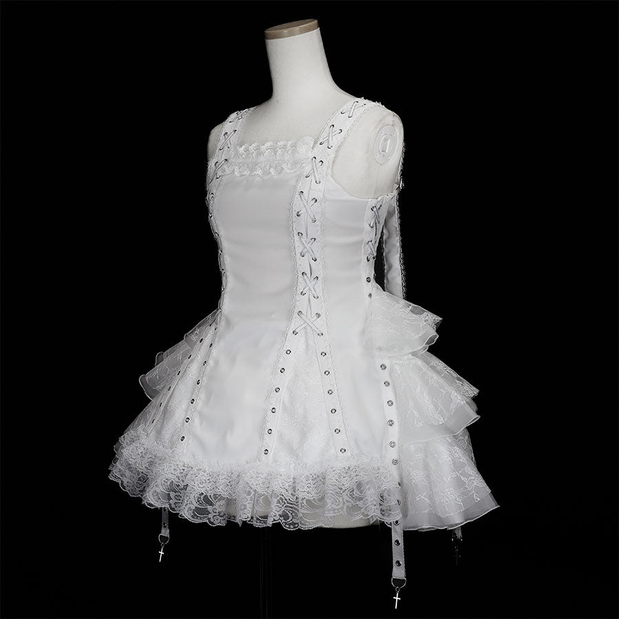 EYELET LACE-UP ONE-PIECE DRESS (WHITE)
