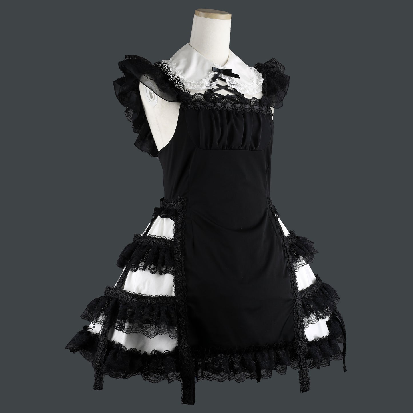 [预约1个月]MINI COLLAR SIDE CAGE 连衣裙 (黑色 x 白色)