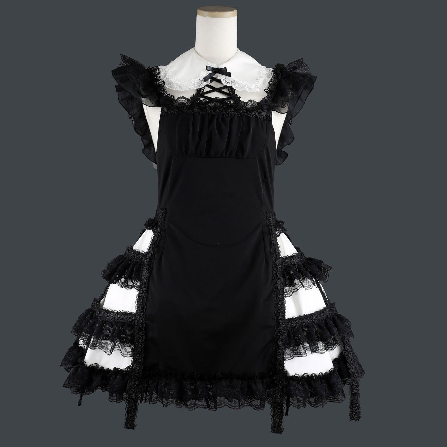 [预约1个月]MINI COLLAR SIDE CAGE 连衣裙 (黑色 x 白色)