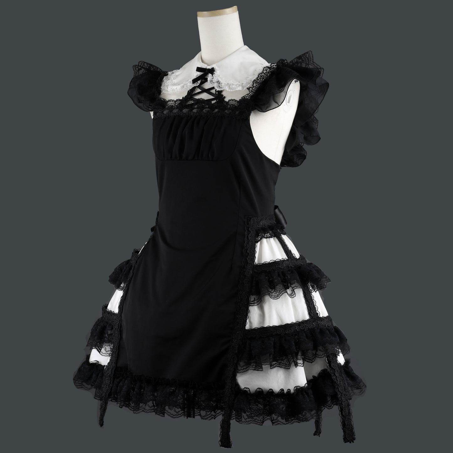 [预约1个月]MINI COLLAR SIDE CAGE 连衣裙 (黑色 x 白色)