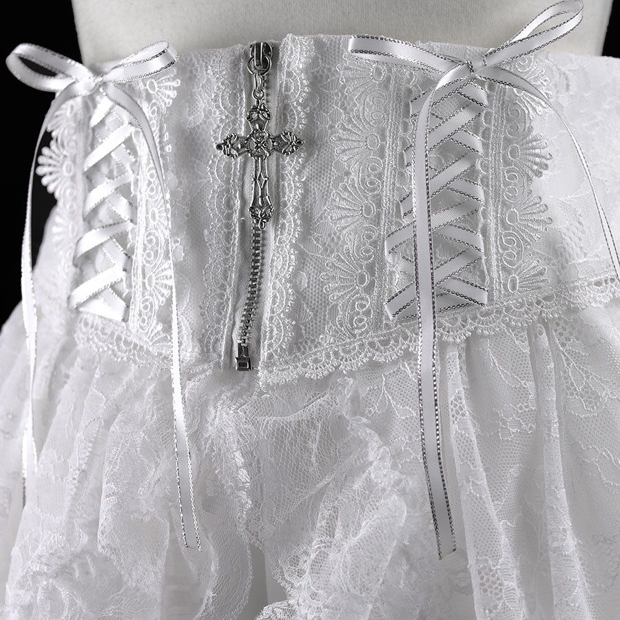 十字宝石系带面纱长裤（白色）