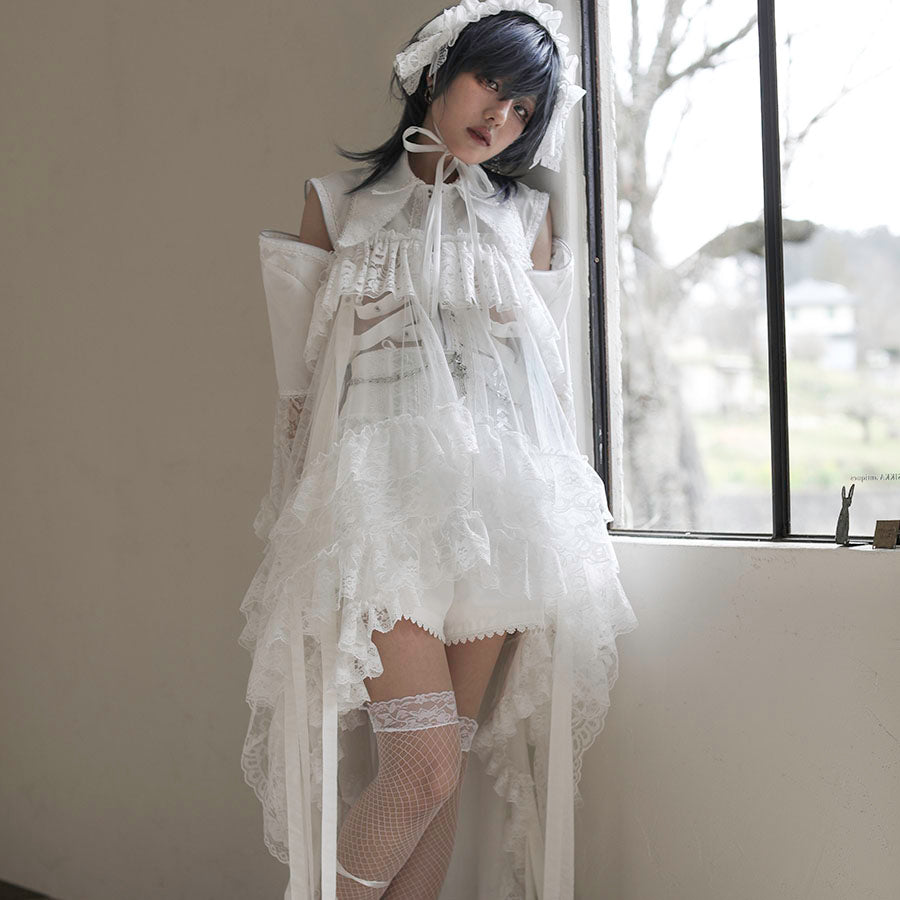 CROSS JEWEL LACE UP VEIL PANTS (WHITE)