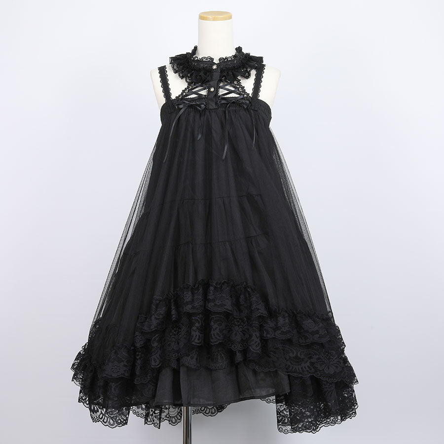 DOUBLE NECK LACE-UP TULLE DRESS(BLACK)