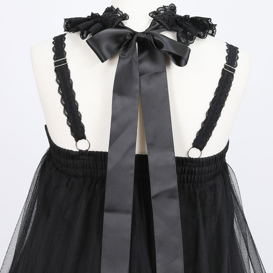 DOUBLE NECK LACE-UP TULLE DRESS(BLACK)