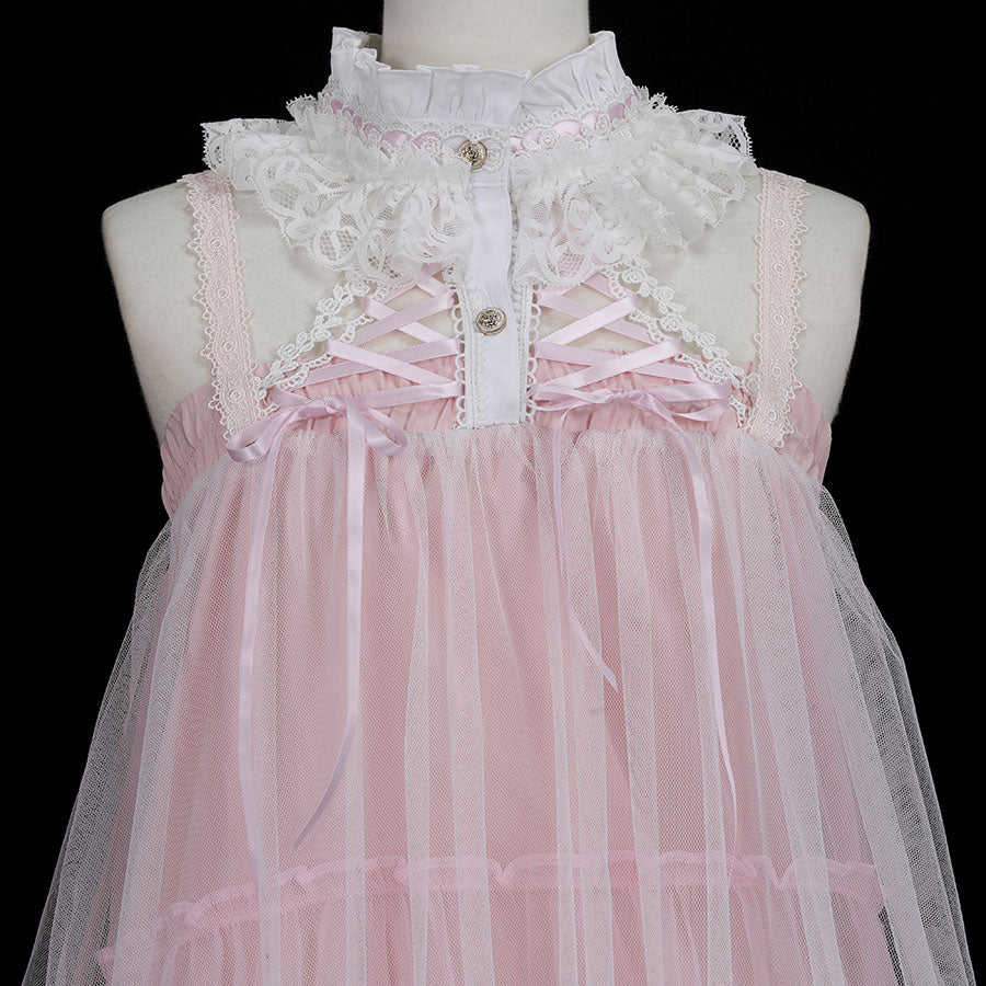 DOUBLE NECK LACE-UP TULLE DRESS(PINK)