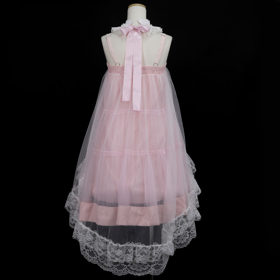 DOUBLE NECK LACE-UP TULLE DRESS(PINK)