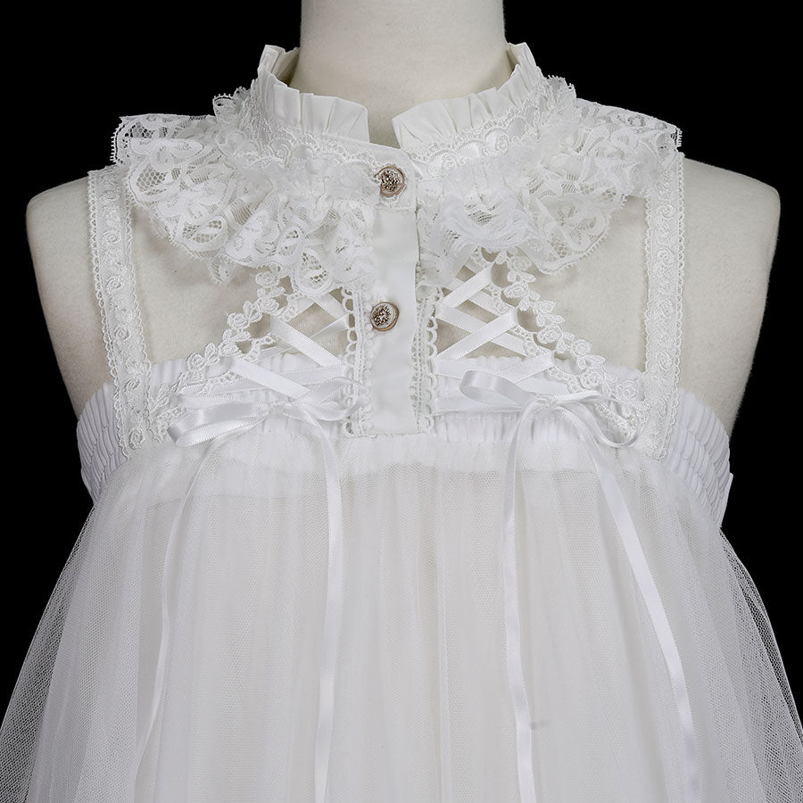DOUBLE NECK LACE-UP TULLE DRESS(WHITE)