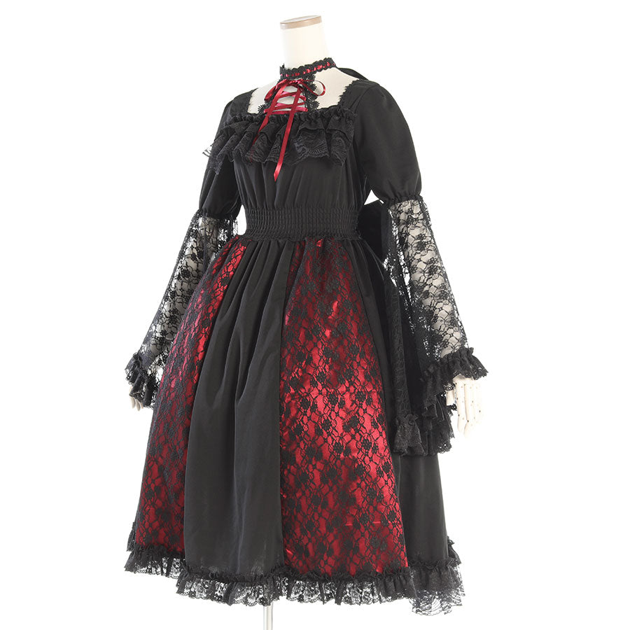 LACE-UP LONG PRINCESS SLEEVE ONE PIECE(BLACK x RED)