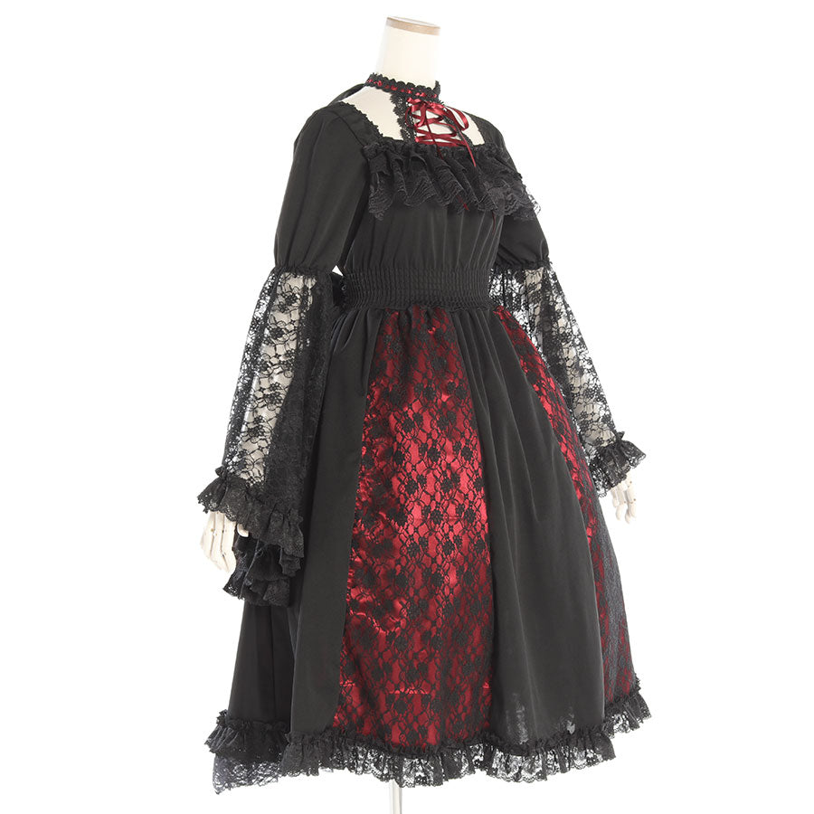 LACE-UP LONG PRINCESS SLEEVE ONE PIECE(BLACK x RED)