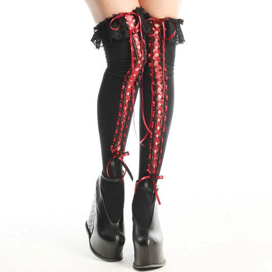 KNEE HIGH LONG LACE UP SOCKS (BLACK x RED)