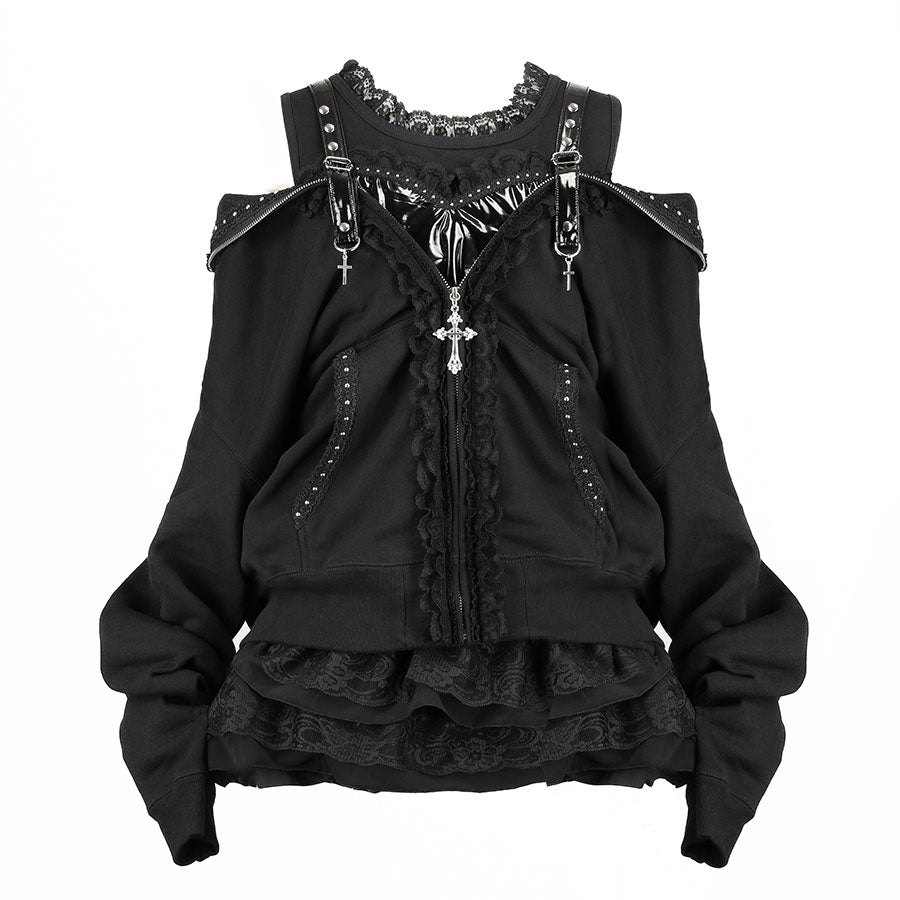 珐琅心形露肩爱心派克大衣连衣裙（黑色）