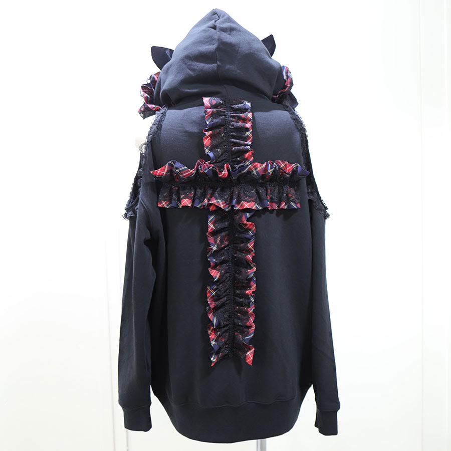 H&A CAT EARS BACK CROSS ZIP UP HOODIE(BLACK x RED-CHECK)