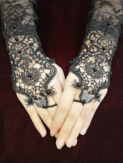 珍珠和蝴蝶无指的长手套（黑色）