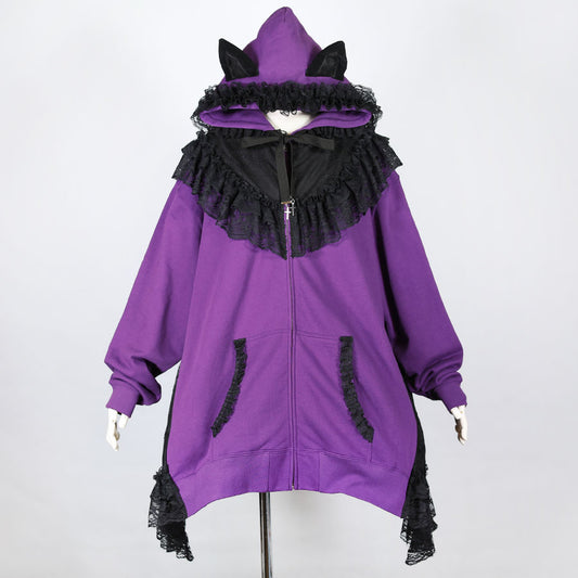 H＆A猫耳朵斗篷Zip Dress Parka（黑色X紫色）