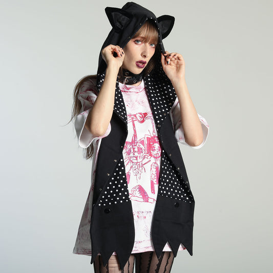 H&A CAT EARS HOODIE SCARF(BLACK x WHITE-DOTS)