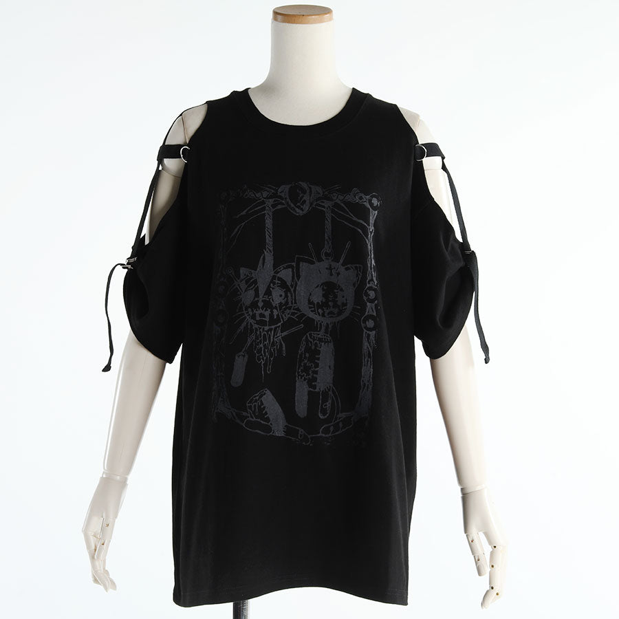 H＆A印刷和侧面交叉肩膀大型T恤（黑色）