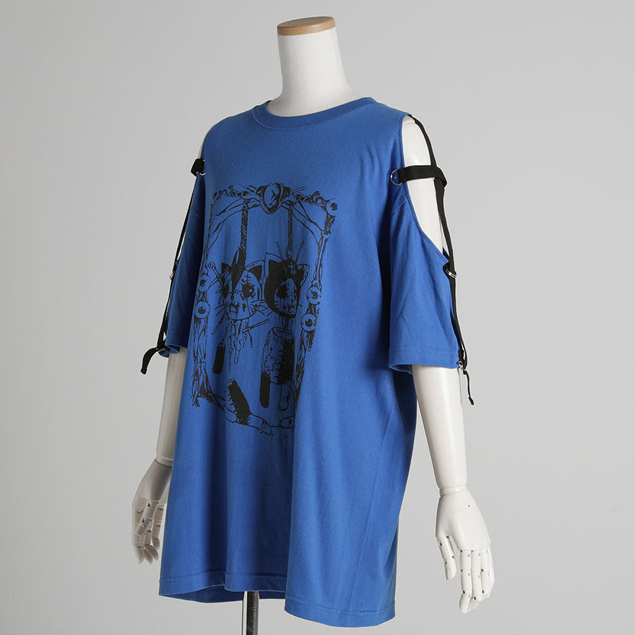 H＆A印刷和侧面交叉肩膀大型T恤（蓝色）XL