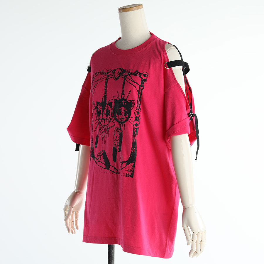 H＆A印刷和侧面交叉肩膀大型T恤（粉红色）