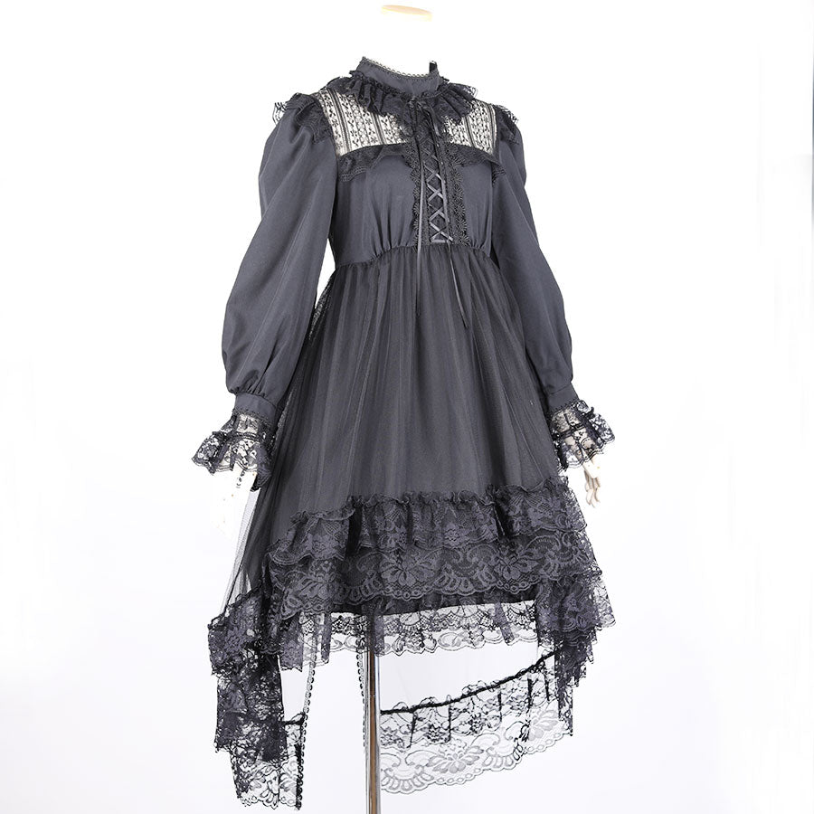 FRONT LACE-UP SLEEVE ONE PIECE(BLACK)