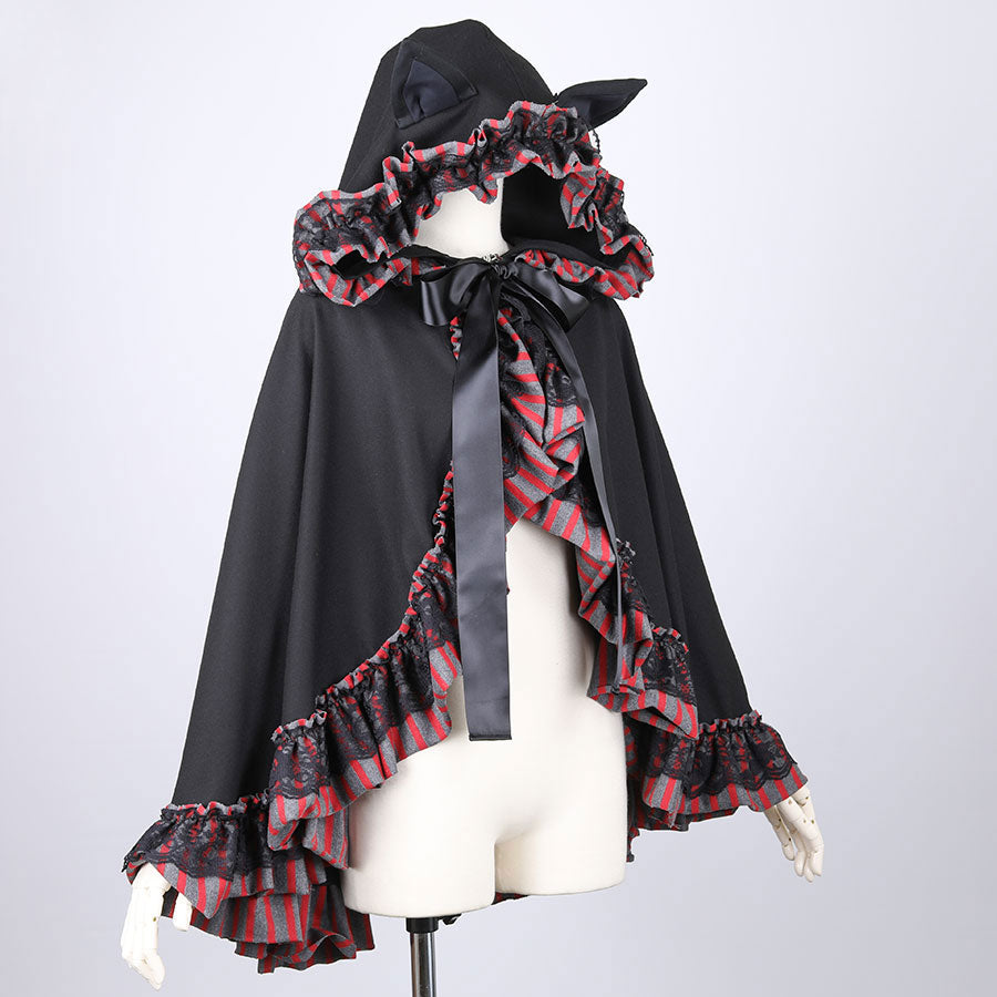 H&A CAT EARS SPRING FRILL CAPE(GRAY xRED)