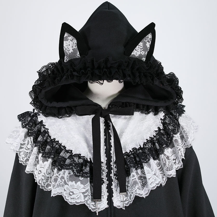 H&A CAT EARS CAPE ZIP DRESS PARKA (WHITE x BLACK)