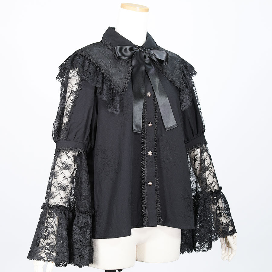 DOUBLE COLLAR PRINCEES SLEEVE BLOUSE(BLACK)