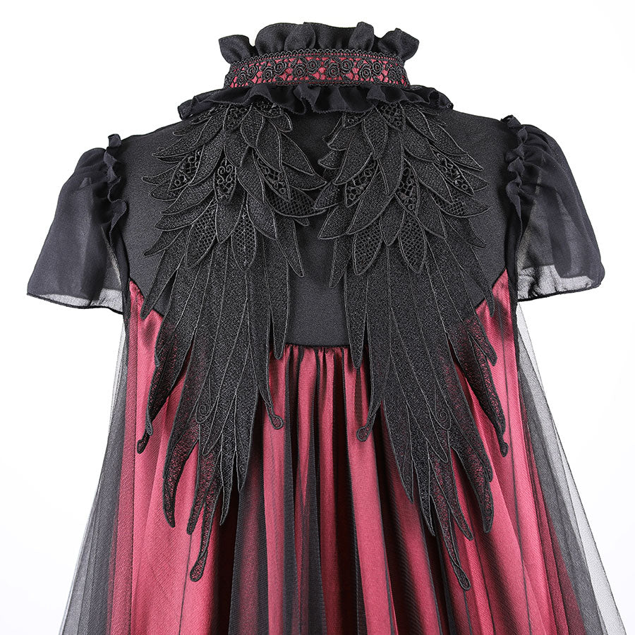 刺绣天使翼连衣裙（黑色X红色）