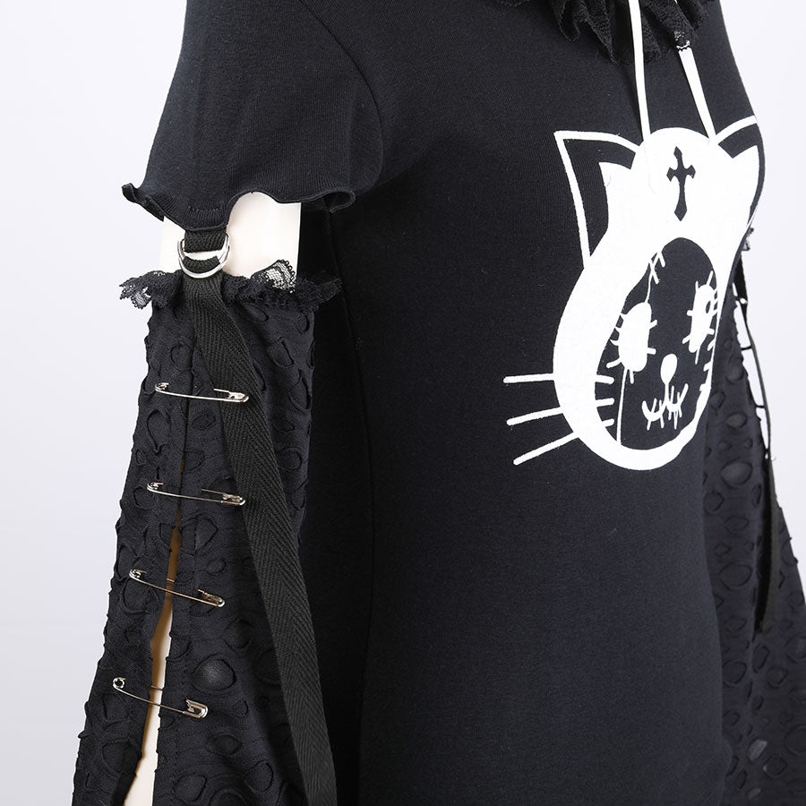 ANGRY DAMAGE DESIGN SLEEVE TOPS(BLACK x WHITE)