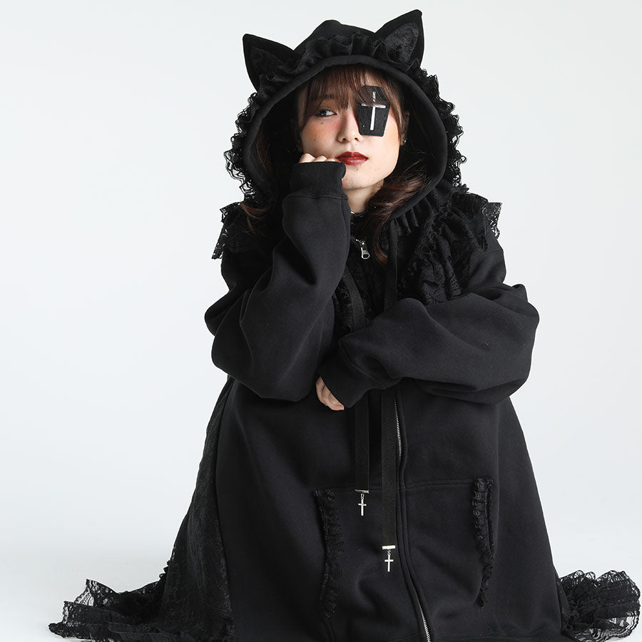 H&A CAT EARS CAPE ZIP DRESS PARKA (BLACK x BLACK)