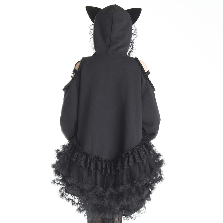 H&A VEIL CAT EARS OPEN SHOULDER DRESS PARKA(BLACK)