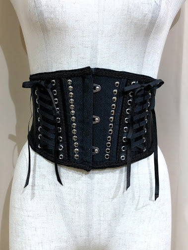 STUDS DOUBLE LACE UP VERY SHORT CORSET (BLACK)