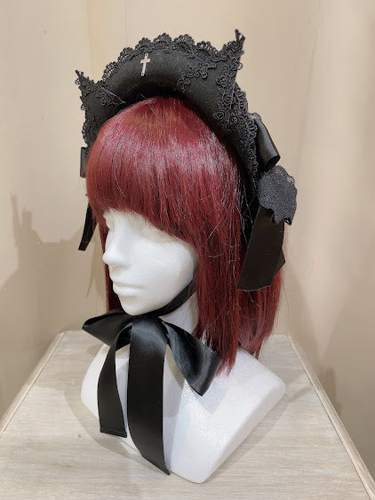 LADDER LACE CAT EARS MINI BONNET (BLACK)