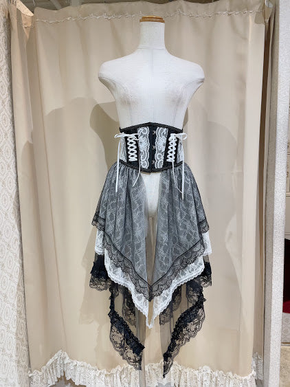 TIERED LACE TAIL VERY SHORT CORSET (BLACK × WHITE)