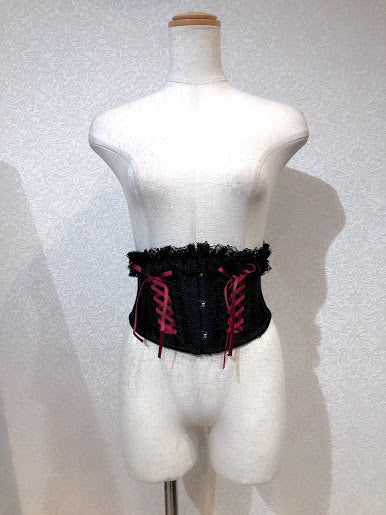DOUBLE LACE UP VERY SHORT CORSET (BLACK × RED)